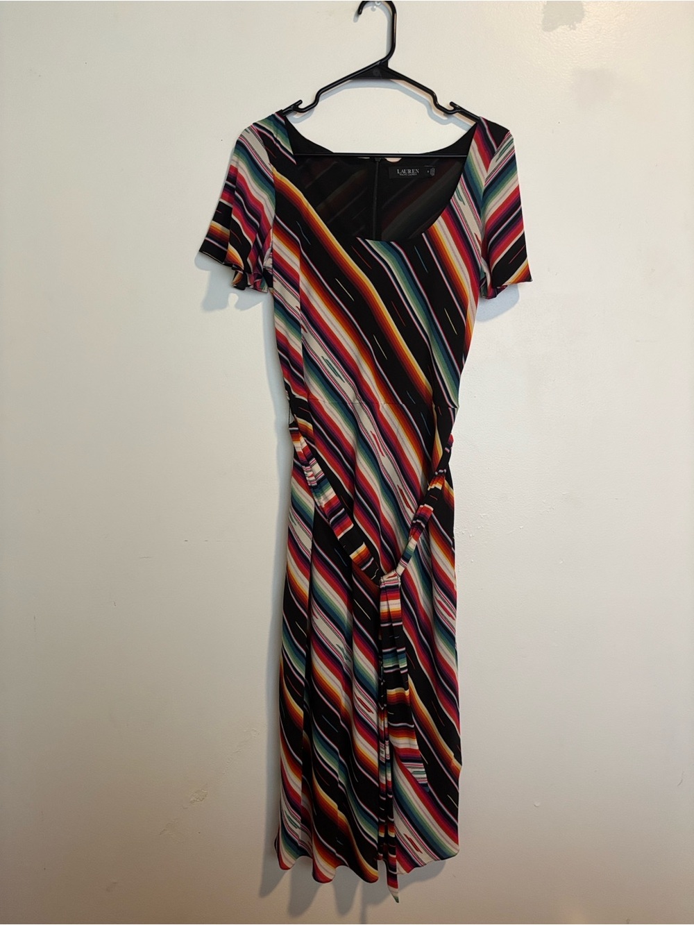 Ralph Lauren Black Midi Dress with Multicolor Diagonal Stripes